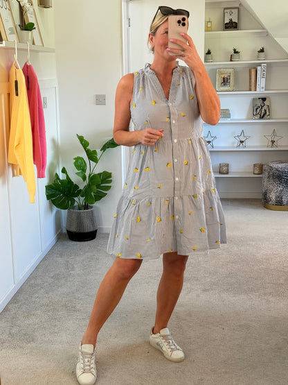 Navy Stripe Lemon Embroidered Tiered Dress