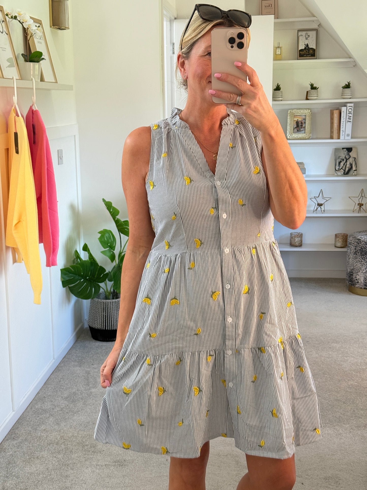 Navy Stripe Lemon Embroidered Tiered Dress