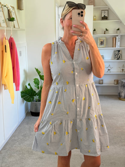 Navy Stripe Lemon Embroidered Tiered Dress