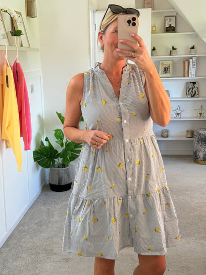 Navy Stripe Lemon Embroidered Tiered Dress