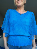 Blue Floral Lace Butterfly Sleeve Blouse