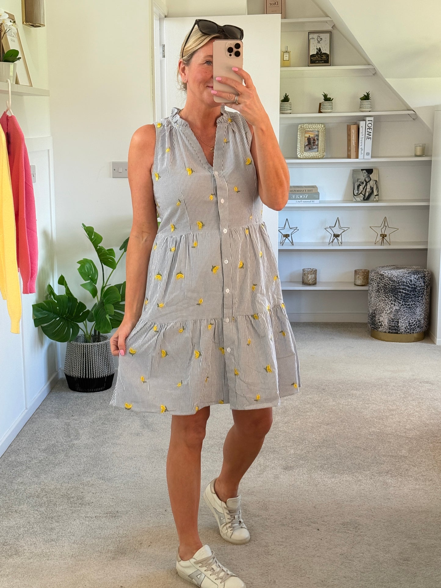 Navy Stripe Lemon Embroidered Tiered Dress