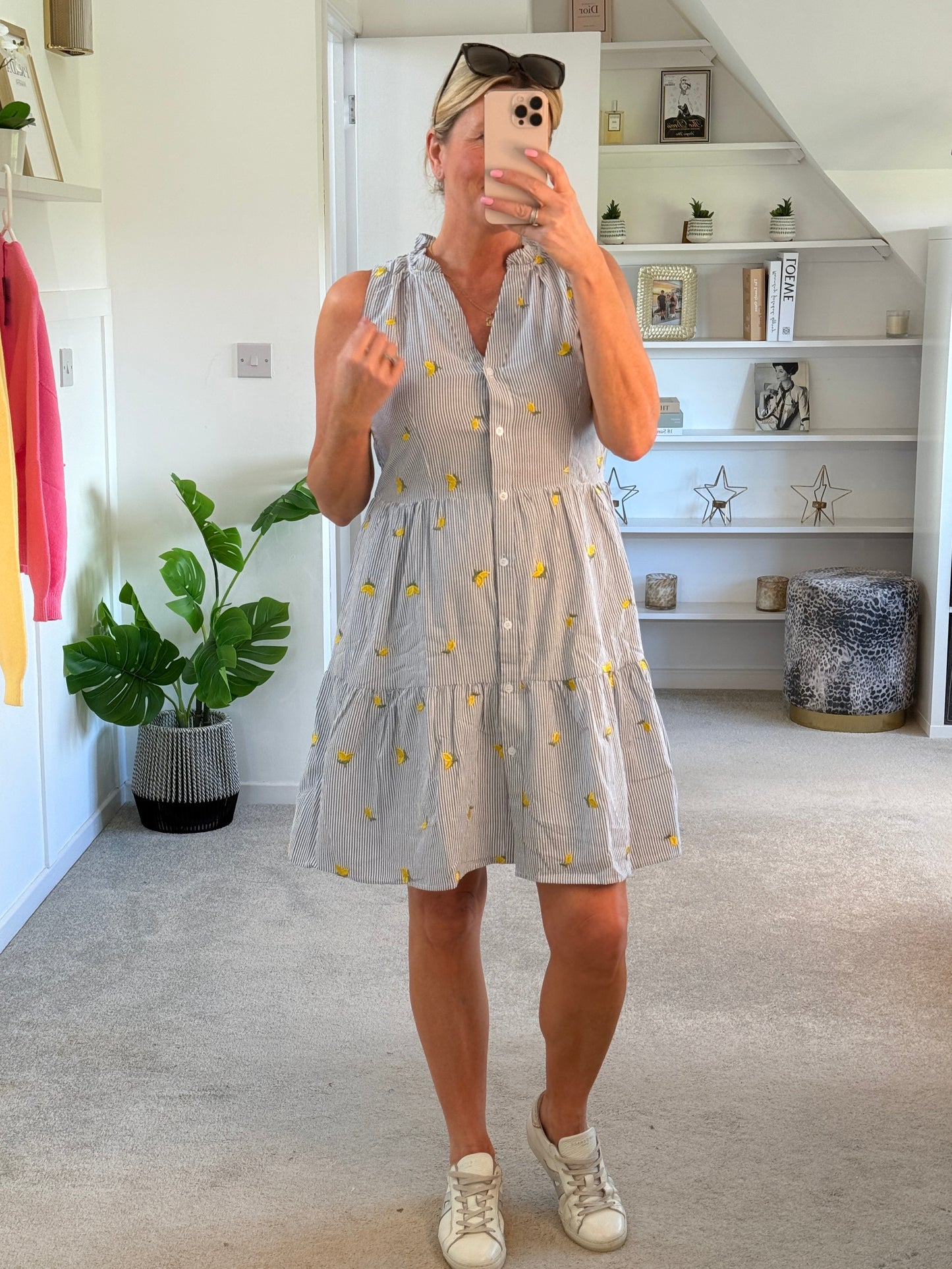 Navy Stripe Lemon Embroidered Tiered Dress