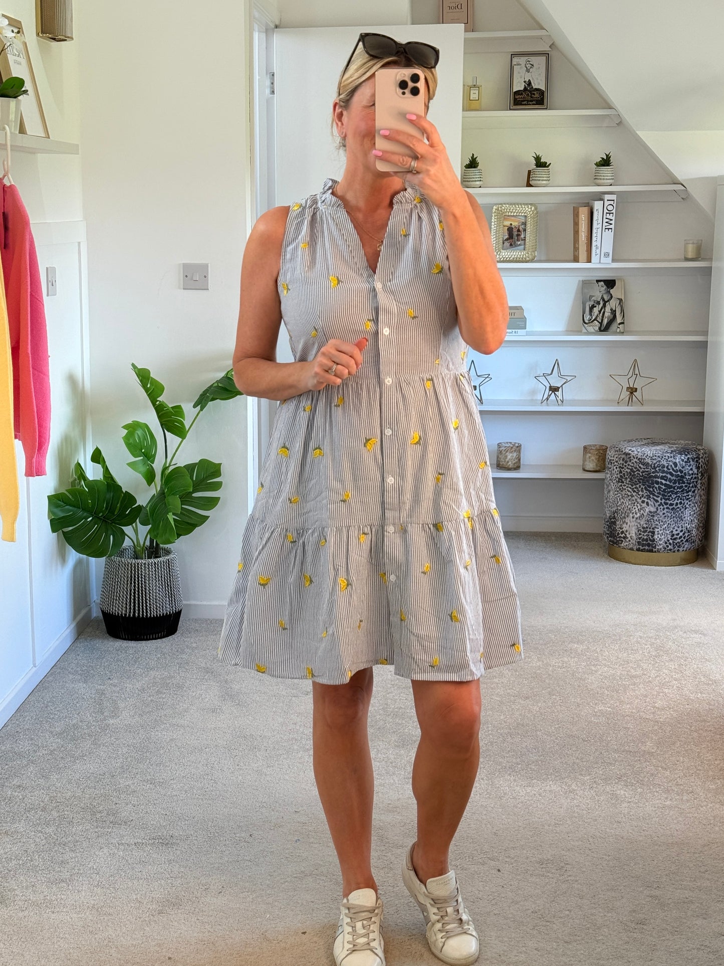 Navy Stripe Lemon Embroidered Tiered Dress