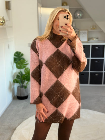 Brown/Pink Argyle Funnel Neck Jumper Dress