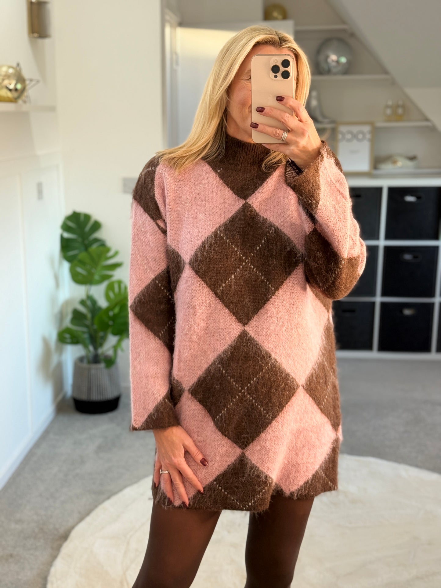Brown/Pink Argyle Funnel Neck Jumper Dress