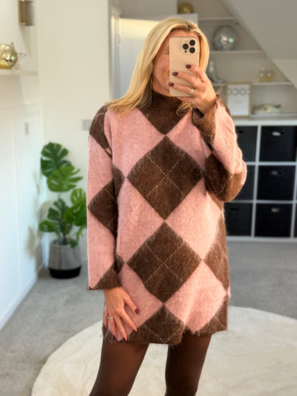 Brown/Pink Argyle Funnel Neck Jumper Dress