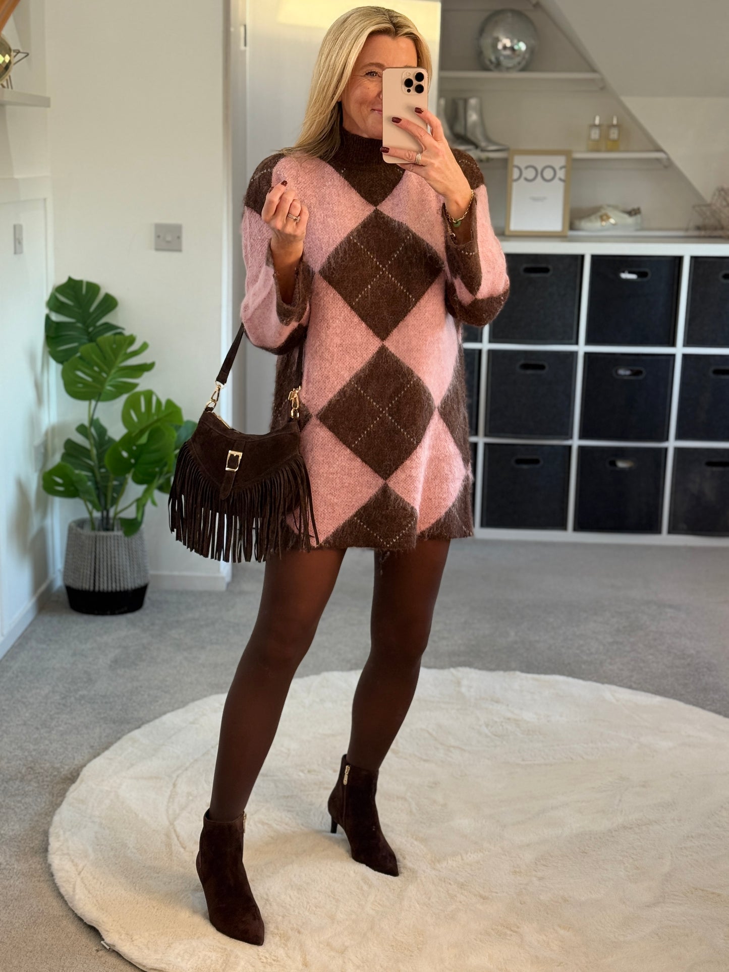 Brown/Pink Argyle Funnel Neck Jumper Dress
