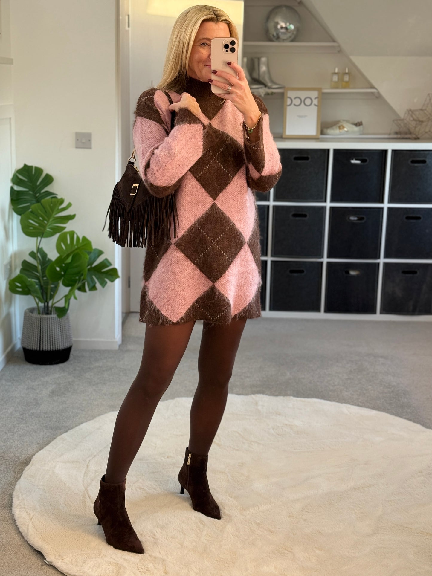 Brown/Pink Argyle Funnel Neck Jumper Dress