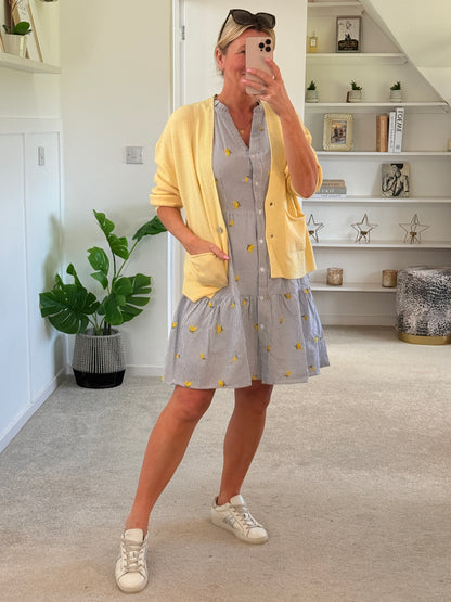 Navy Stripe Lemon Embroidered Tiered Dress