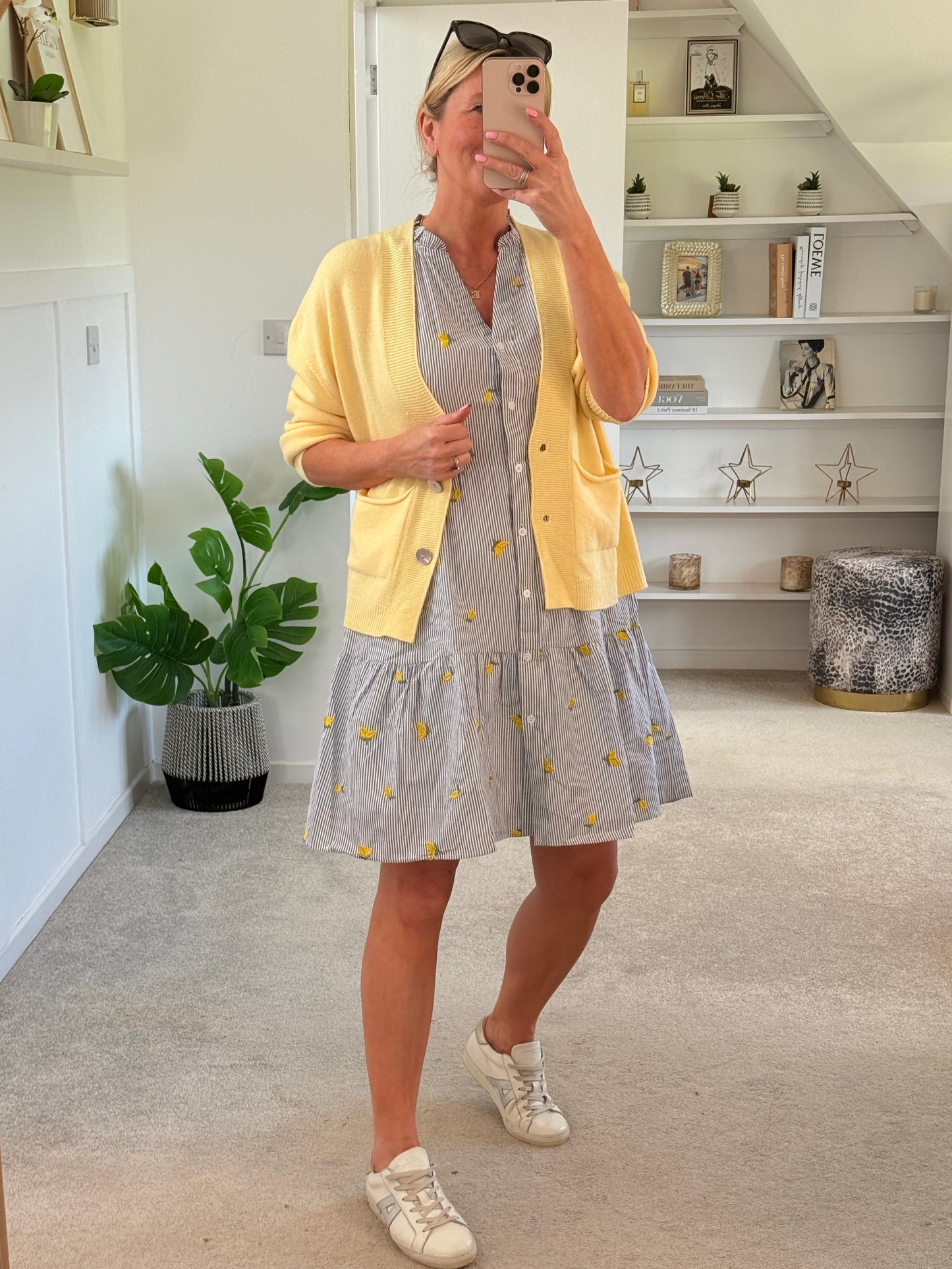 Navy Stripe Lemon Embroidered Tiered Dress