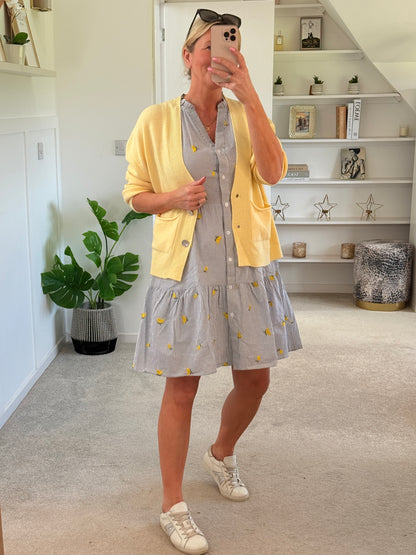 Navy Stripe Lemon Embroidered Tiered Dress