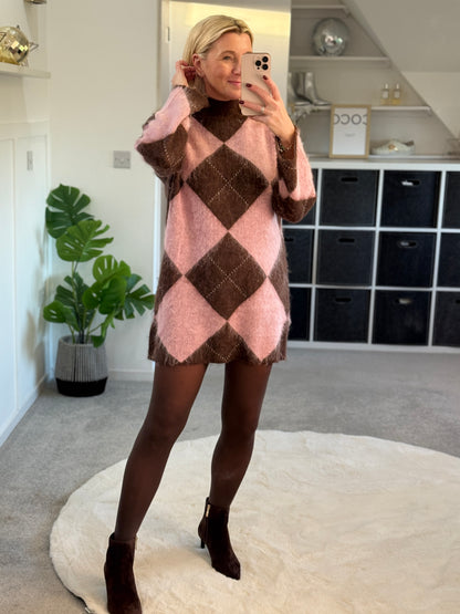 Brown/Pink Argyle Funnel Neck Jumper Dress