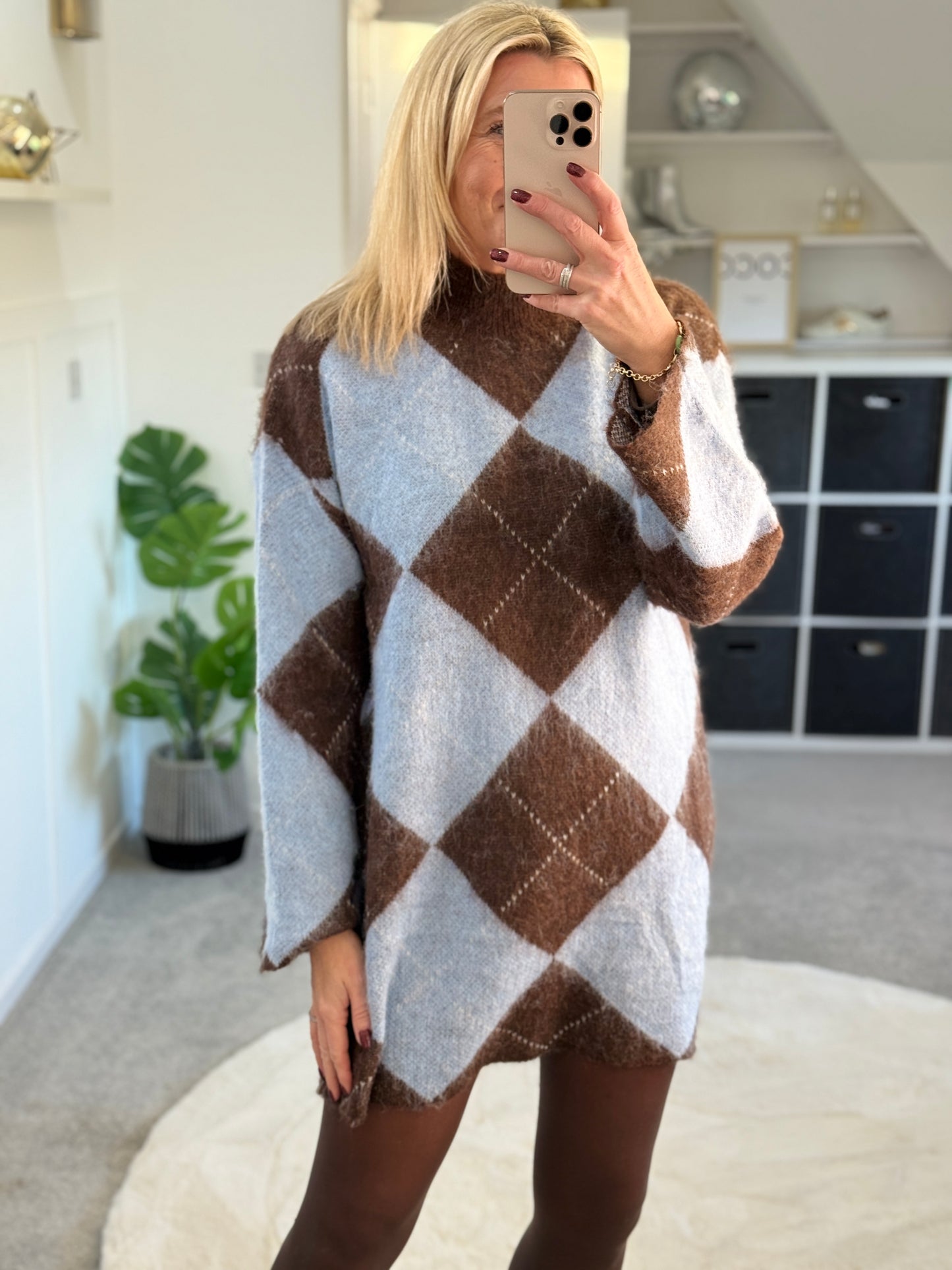 Brown/Blue Argyle Funnel Neck Jumper Dress