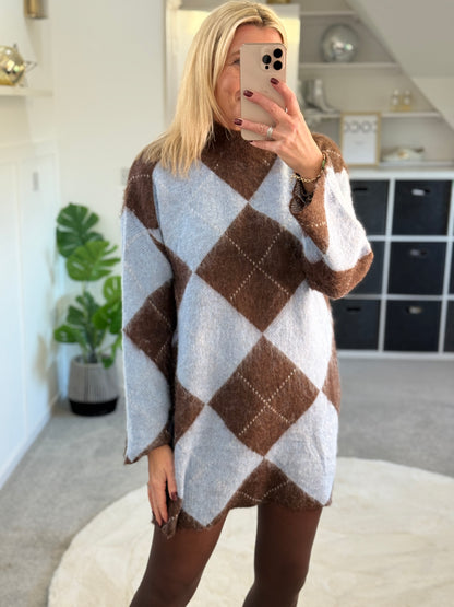 Brown/Blue Argyle Funnel Neck Jumper Dress