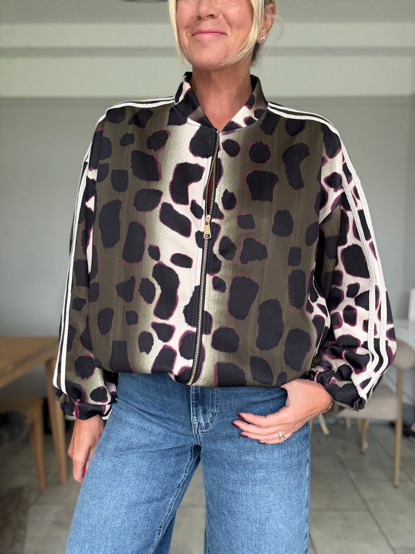 Khaki/Cream Animal Print Bomber Jacket