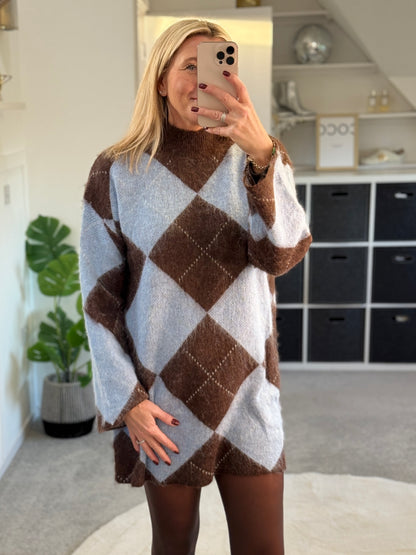 Brown/Blue Argyle Funnel Neck Jumper Dress