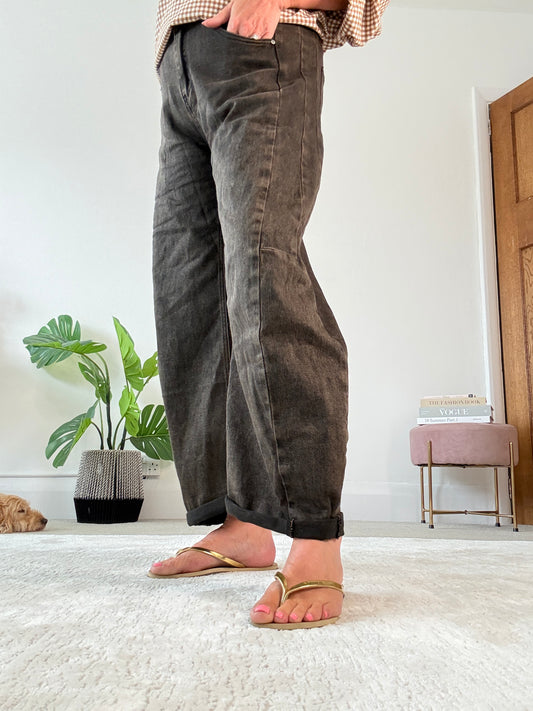 Chocolate Stone Wash Barrel Leg Panel Jeans