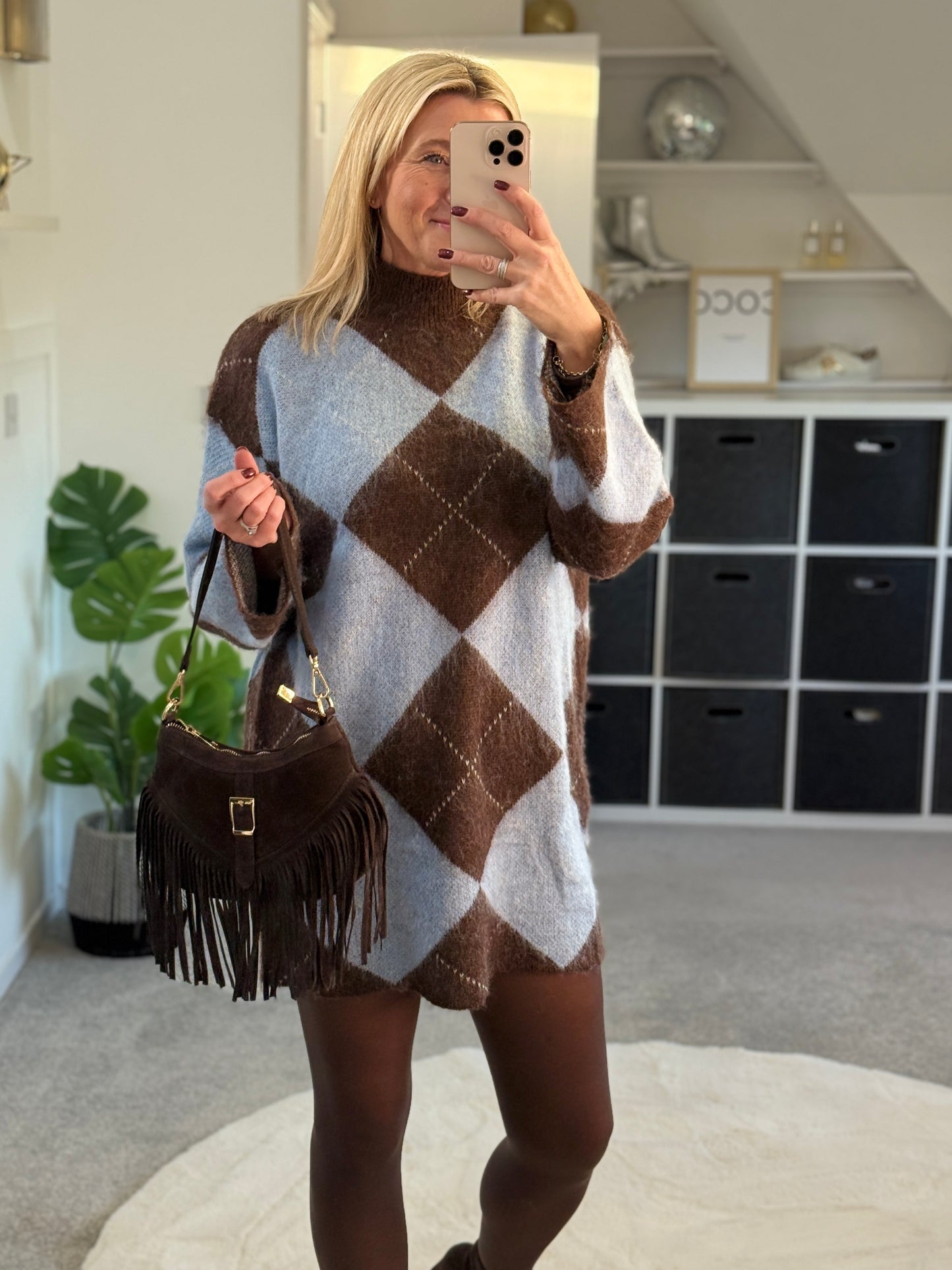 Brown/Blue Argyle Funnel Neck Jumper Dress