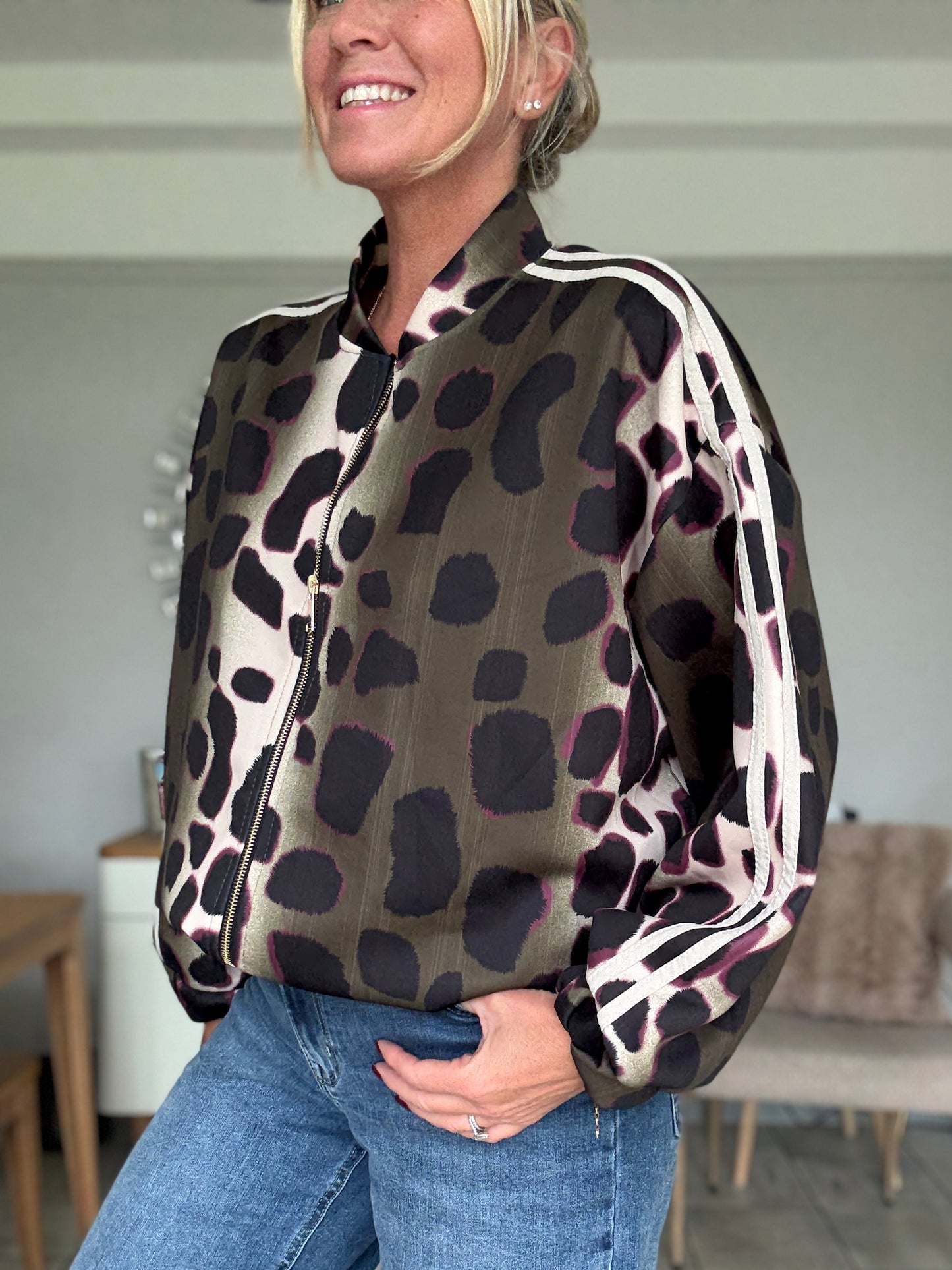 Khaki/Cream Animal Print Bomber Jacket