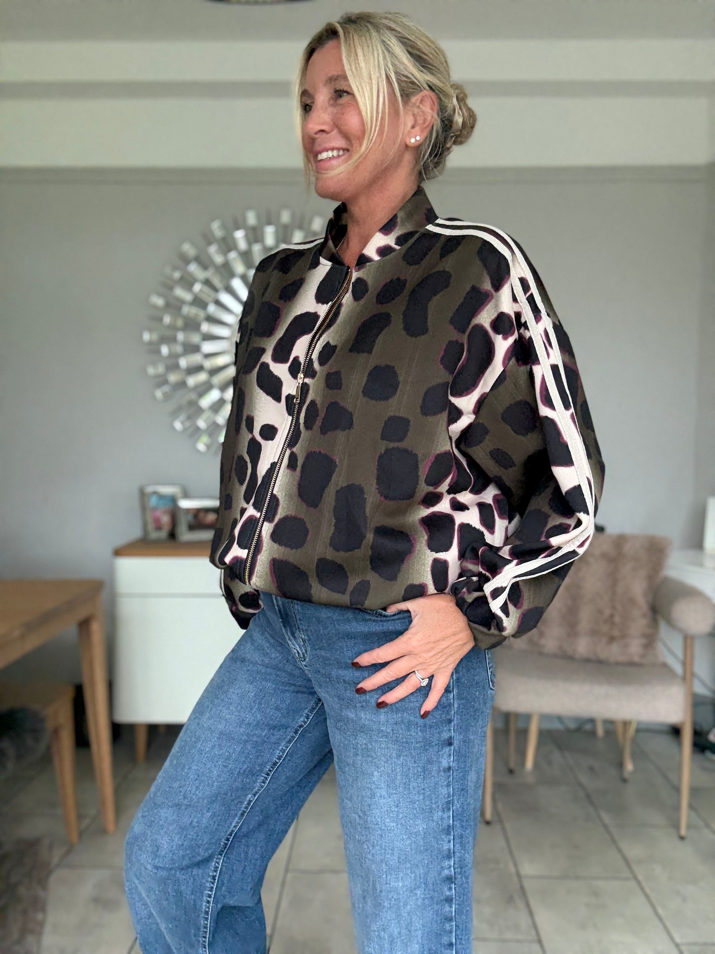 Khaki/Cream Animal Print Bomber Jacket