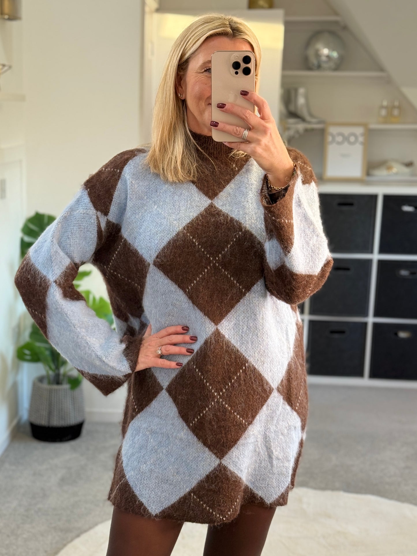 Brown/Blue Argyle Funnel Neck Jumper Dress