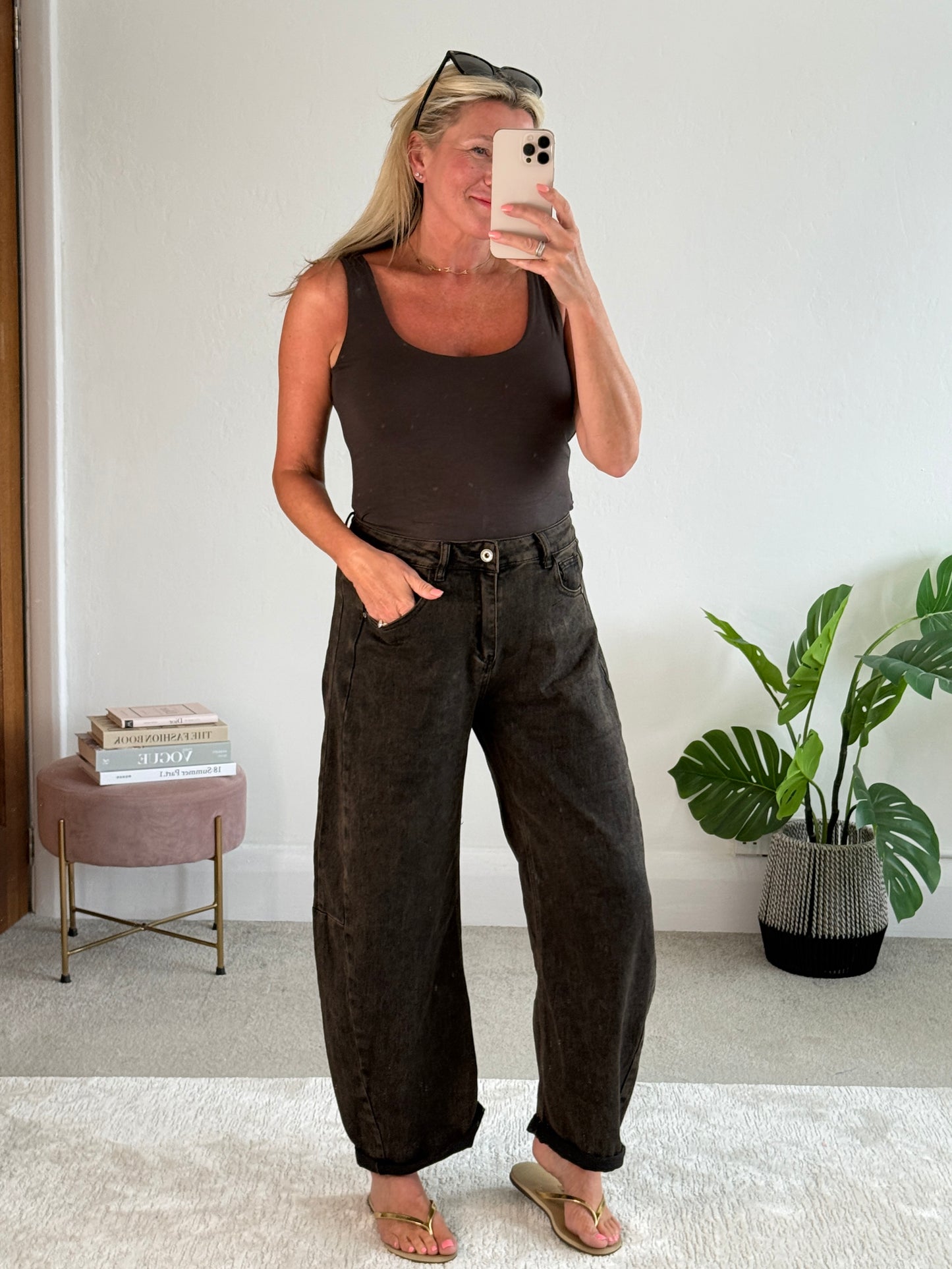 Chocolate Stone Wash Barrel Leg Panel Jeans