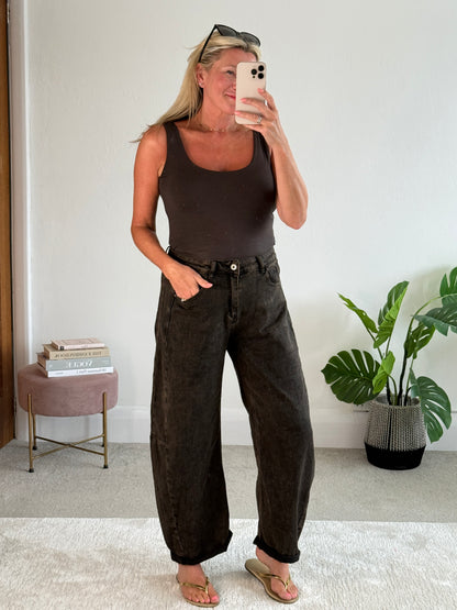 Chocolate Stone Wash Barrel Leg Panel Jeans