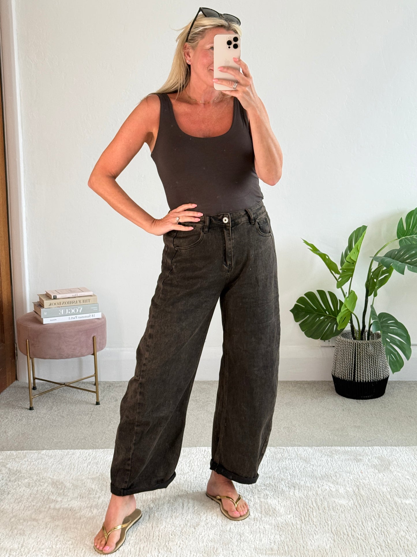 Chocolate Stone Wash Barrel Leg Panel Jeans