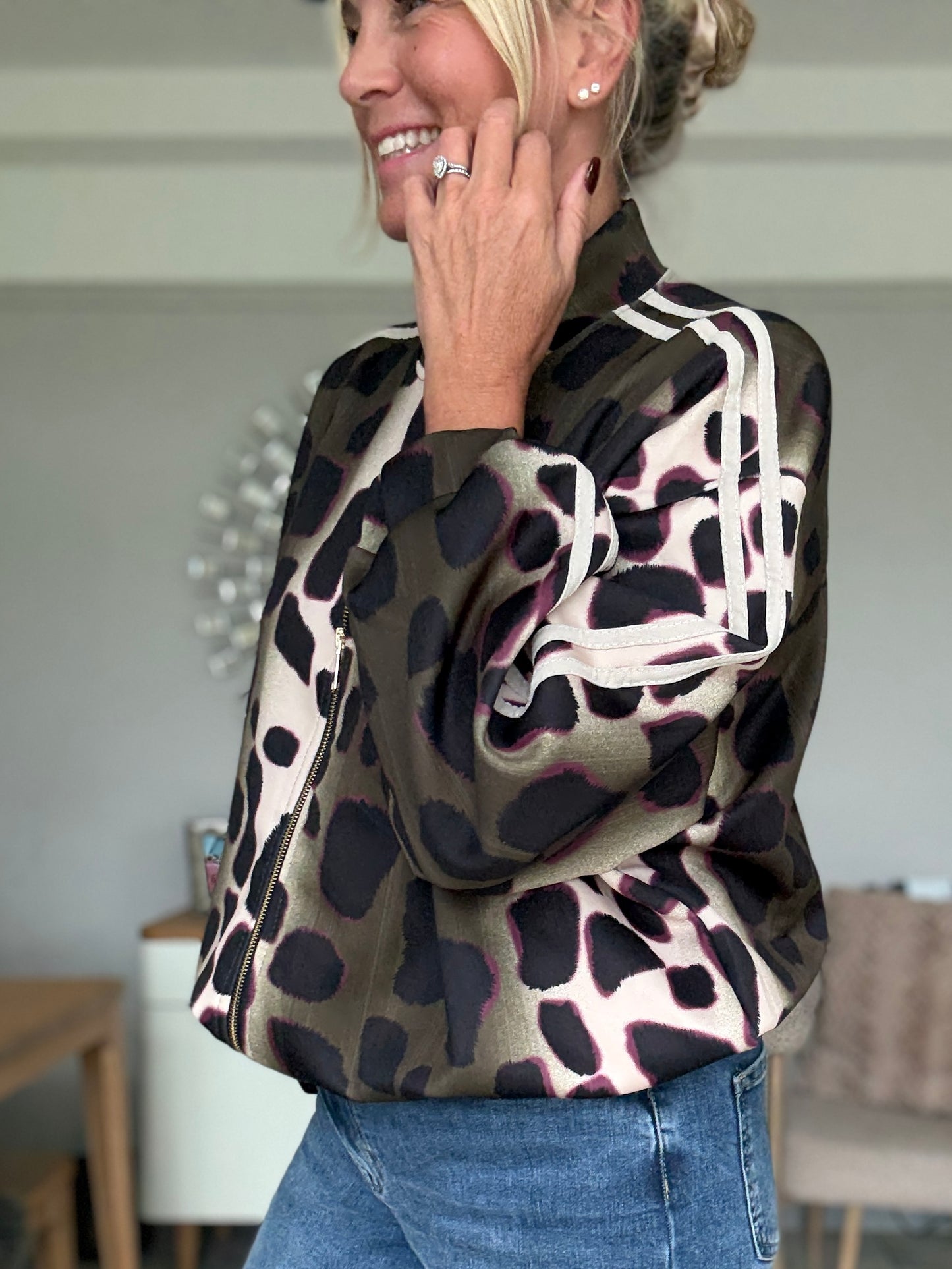 Khaki/Cream Animal Print Bomber Jacket