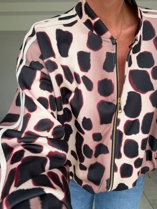 Burgundy/Cream Animal Print Bomber Jacket
