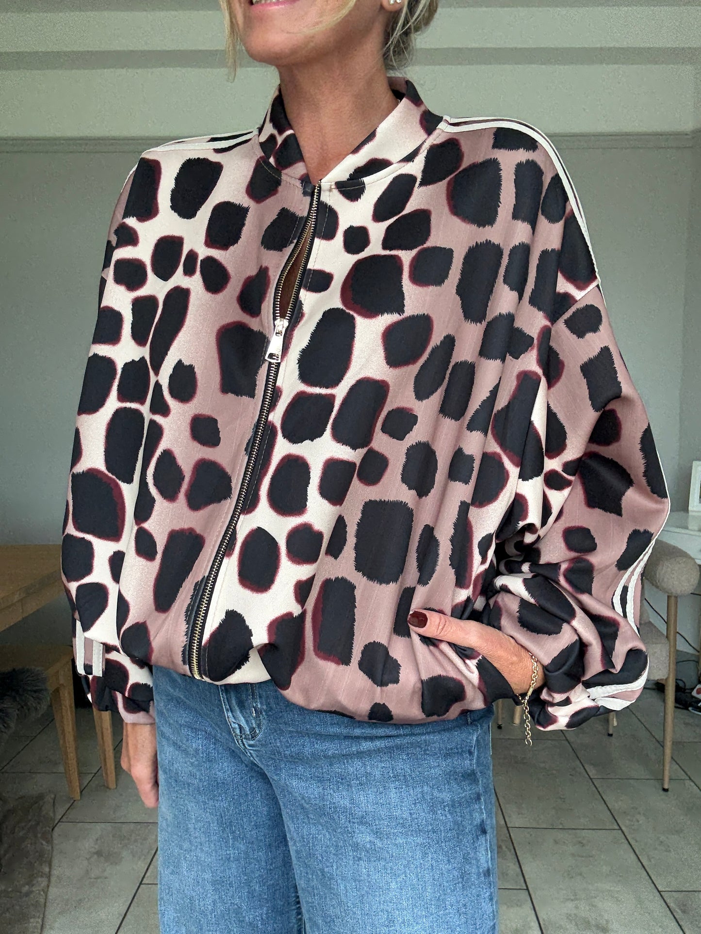 Khaki/Cream Animal Print Bomber Jacket