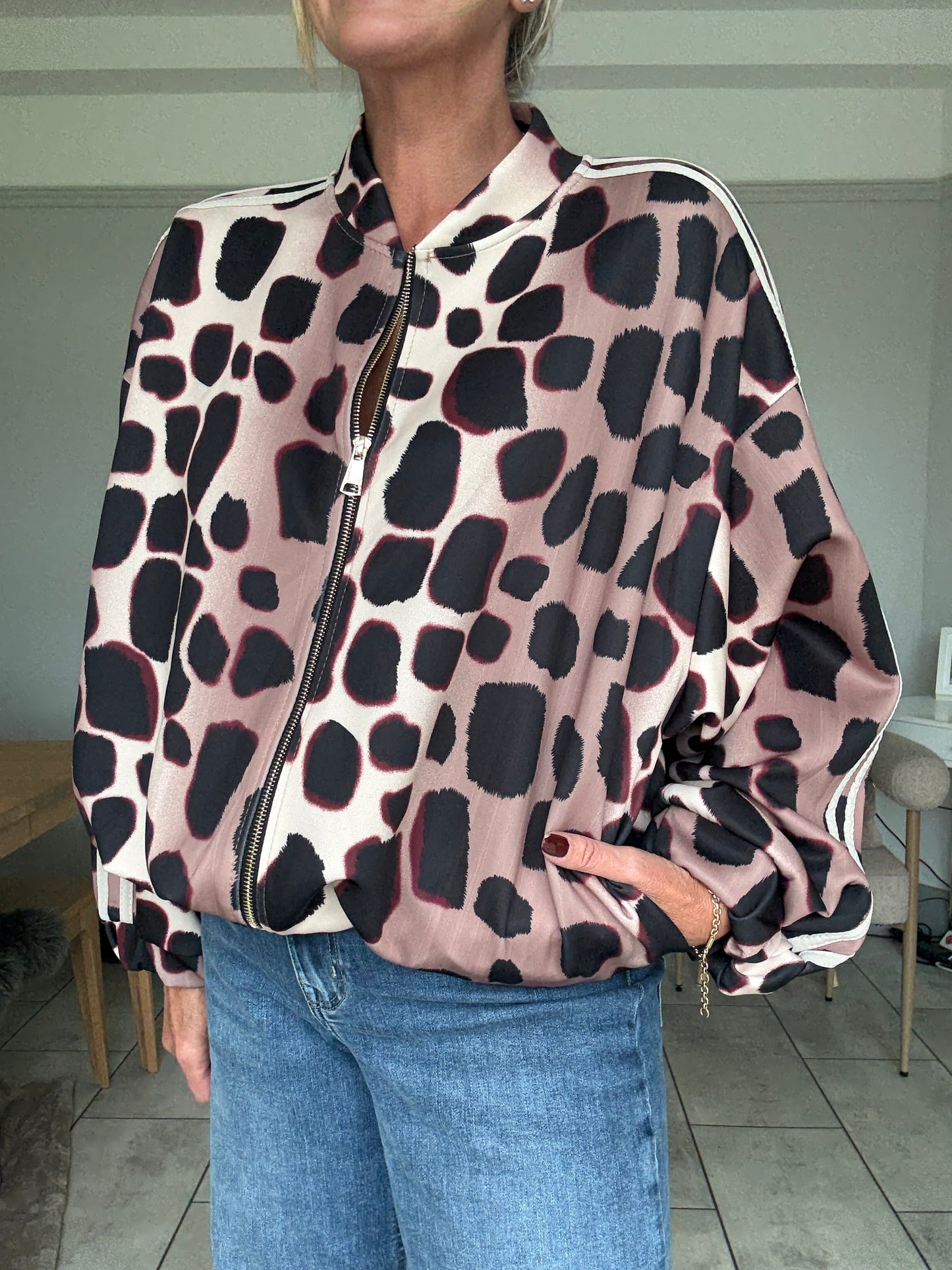 Khaki/Cream Animal Print Bomber Jacket