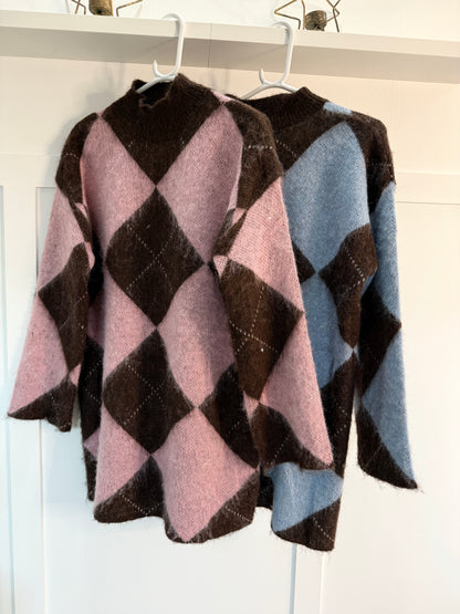 Brown/Blue Argyle Funnel Neck Jumper Dress