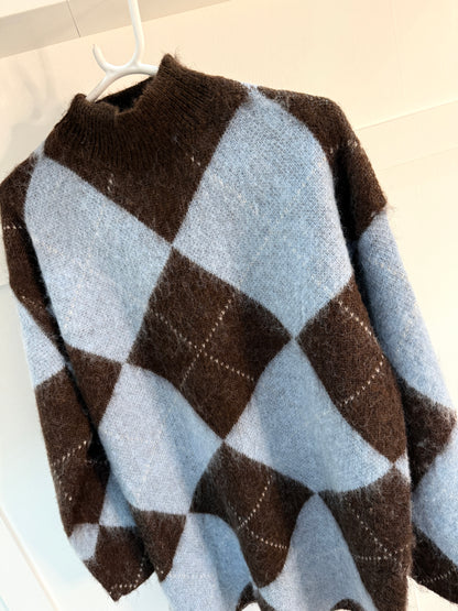 Brown/Blue Argyle Funnel Neck Jumper Dress
