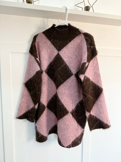 Brown/Blue Argyle Funnel Neck Jumper Dress