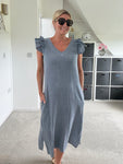 Navy Washed Linen Frill Sleeve V-Neck Dress