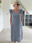 Navy Washed Linen Frill Sleeve V-Neck Dress