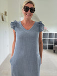 Navy Washed Linen Frill Sleeve V-Neck Dress