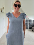 Navy Washed Linen Frill Sleeve V-Neck Dress