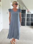 Navy Washed Linen Frill Sleeve V-Neck Dress