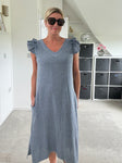 Navy Washed Linen Frill Sleeve V-Neck Dress