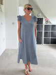 Navy Washed Linen Frill Sleeve V-Neck Dress