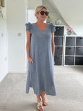 Navy Washed Linen Frill Sleeve V-Neck Dress