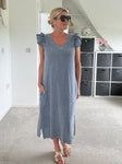 Navy Washed Linen Frill Sleeve V-Neck Dress