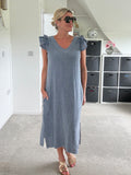 Navy Washed Linen Frill Sleeve V-Neck Dress
