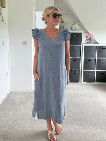 Navy Washed Linen Frill Sleeve V-Neck Dress