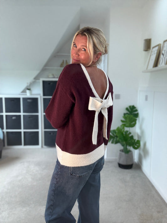 Burgundy/Cream Contrast Bow Back Jumper