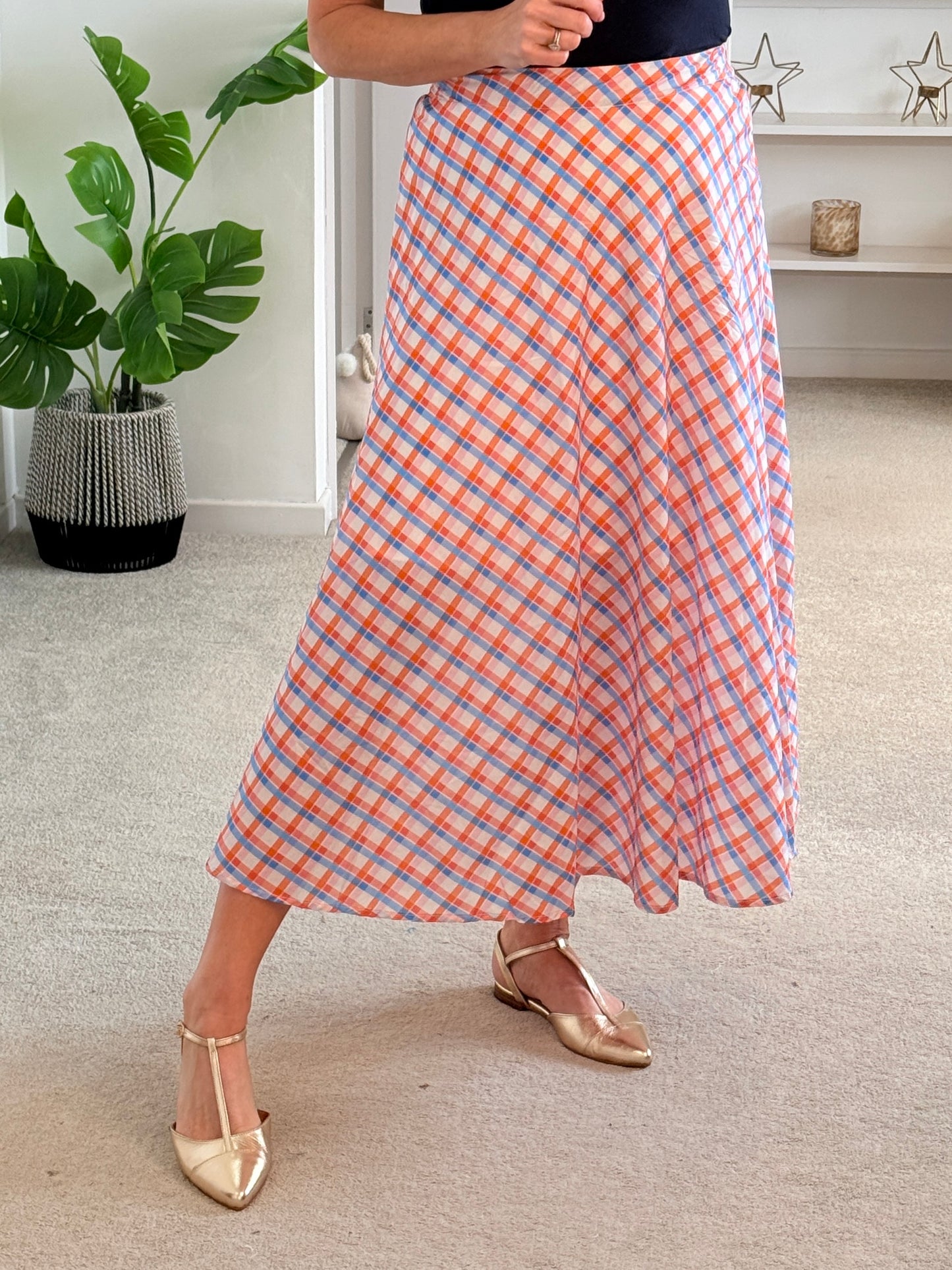 Orange/Blue Retro Check Flared Midi Skirt
