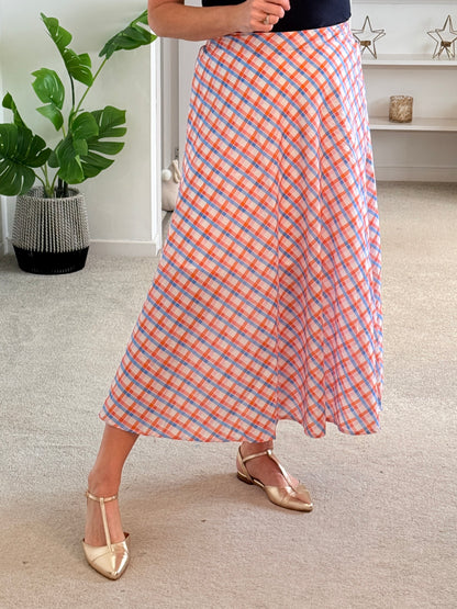 Orange/Blue Retro Check Flared Midi Skirt